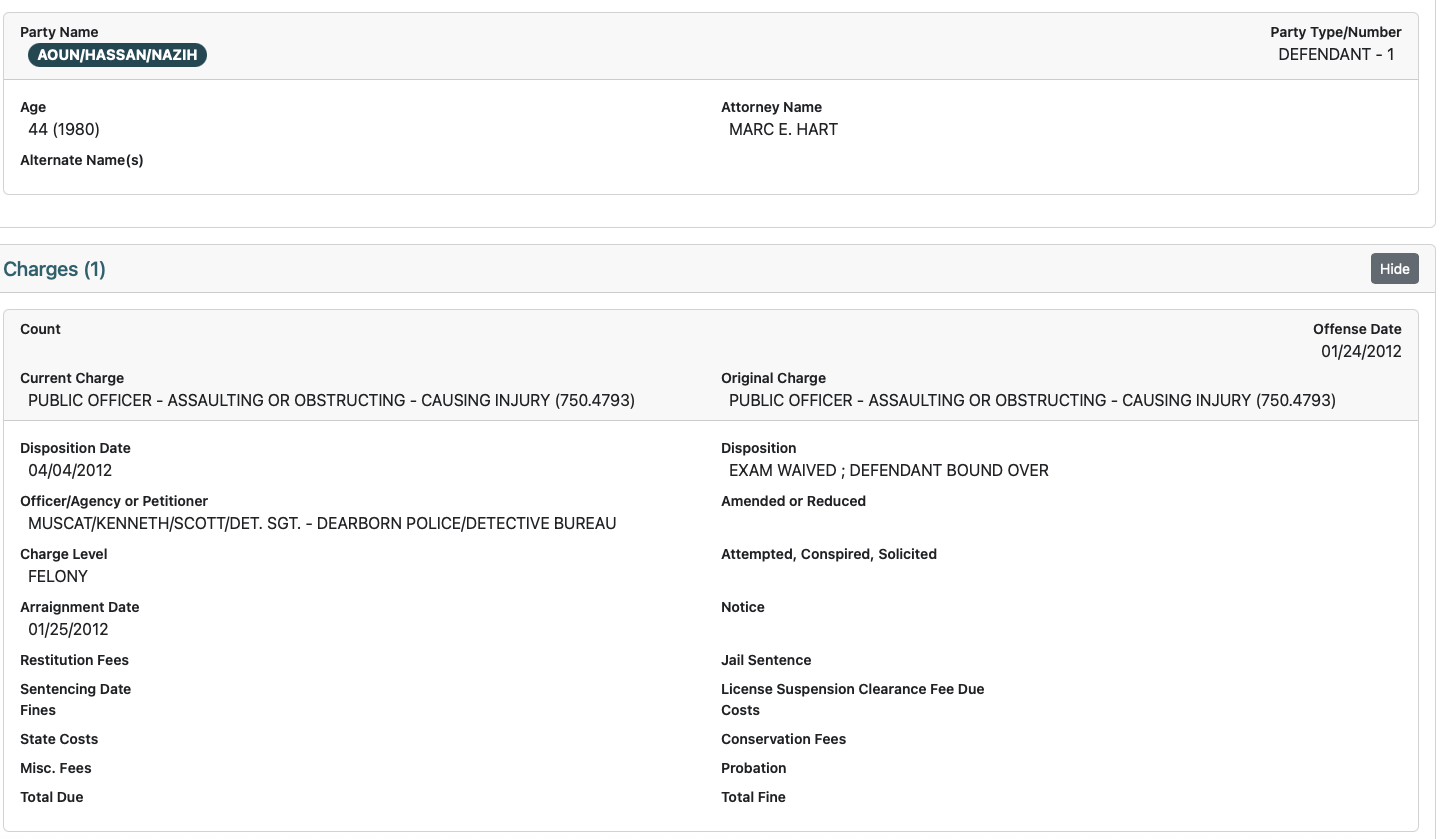 Docket screenshot: assaulting or obstructing a public officer