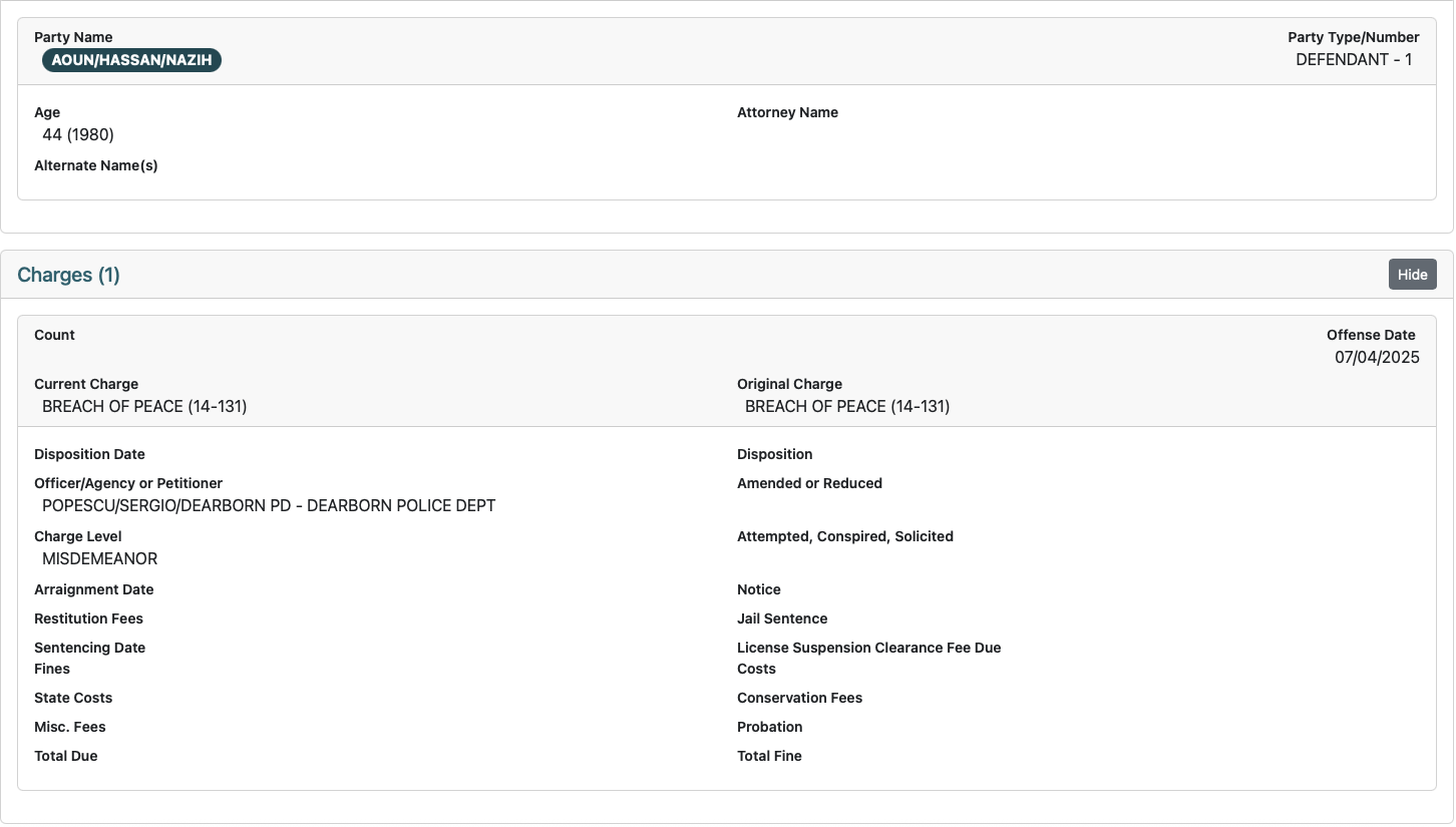 Docket screenshot: breach of peace