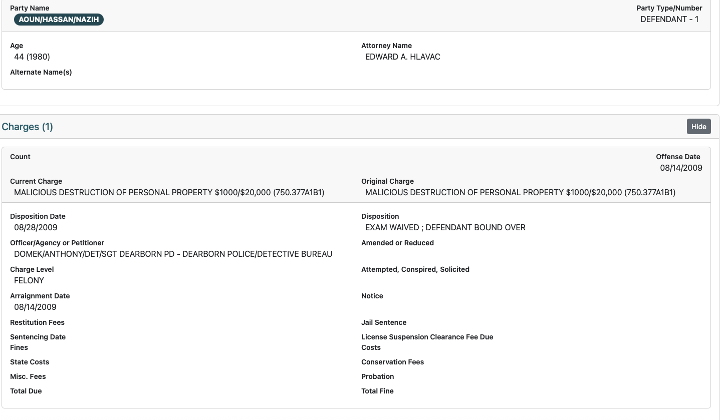 Docket screenshot: malicious destruction of property