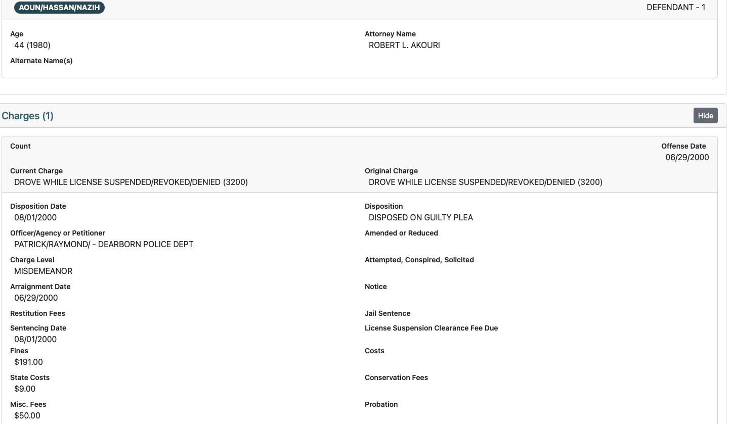 Docket screenshot: license suspended